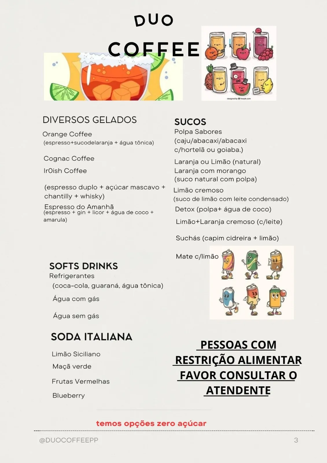 Página do cardápio Duo Coffee: diversos gelados (Orange Coffee, Cognac Coffee, Irish Coffee), sucos e soft drinks
