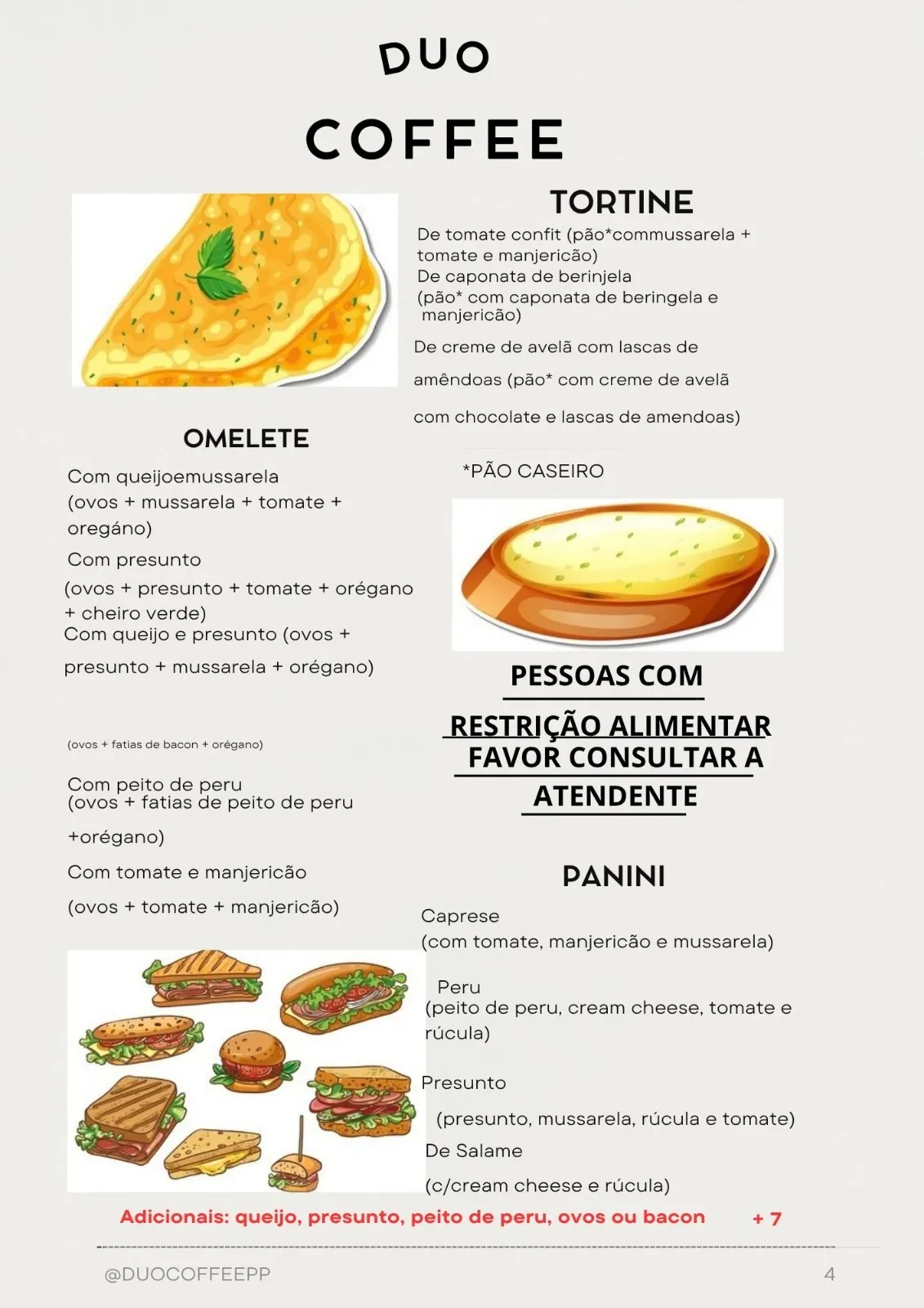 Página do cardápio Duo Coffee: omeletes, tortines e paninis