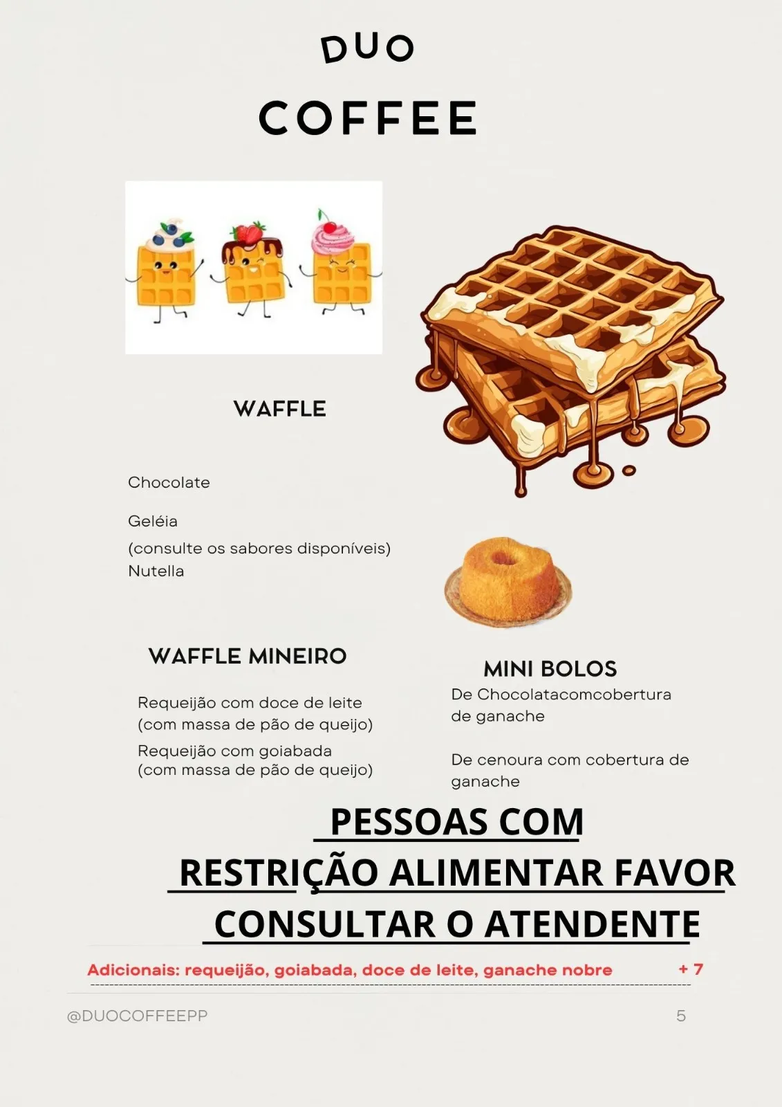 Página do cardápio Duo Coffee: waffles, waffle mineiro e mini bolos