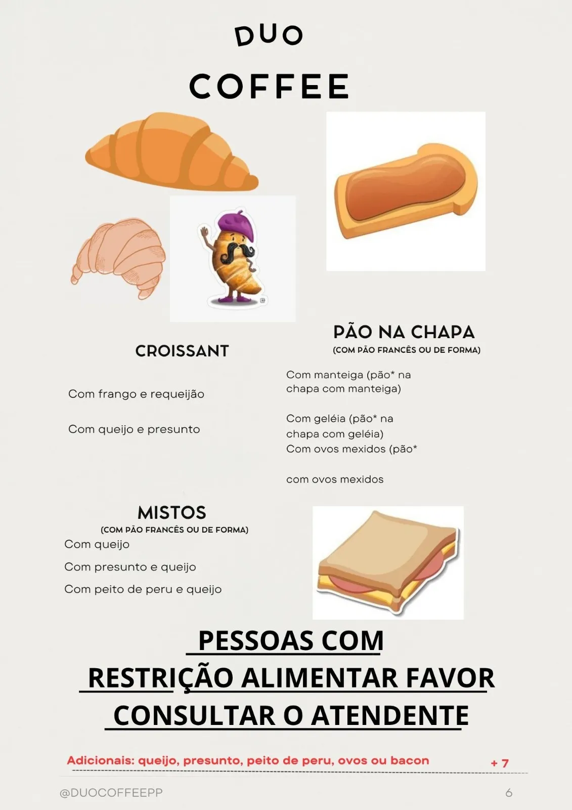 Página do cardápio Duo Coffee: croissants, pão na chapa e mistos