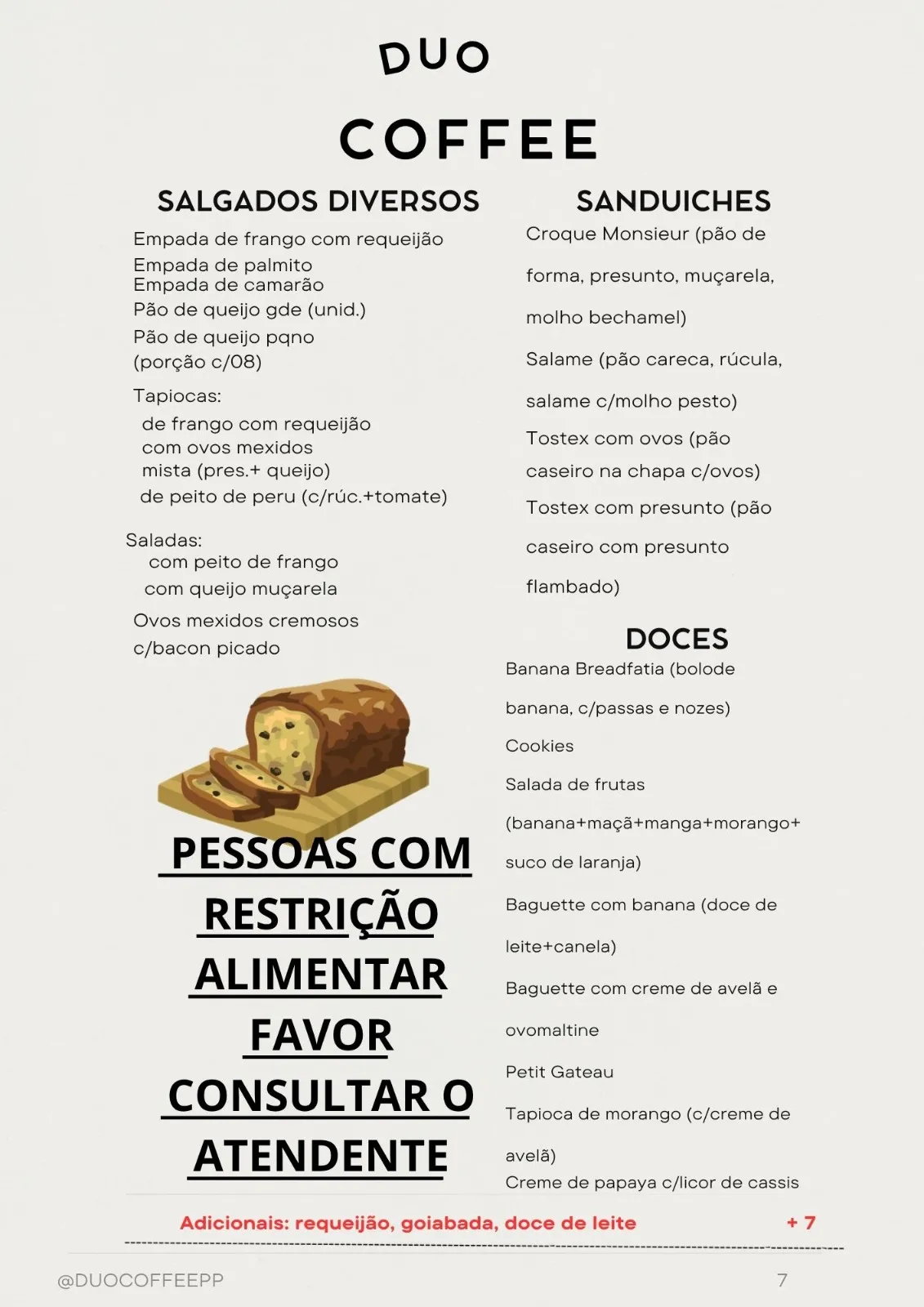 Página do cardápio Duo Coffee: salgados diversos, tapiocas, saladas, sanduíches e doces