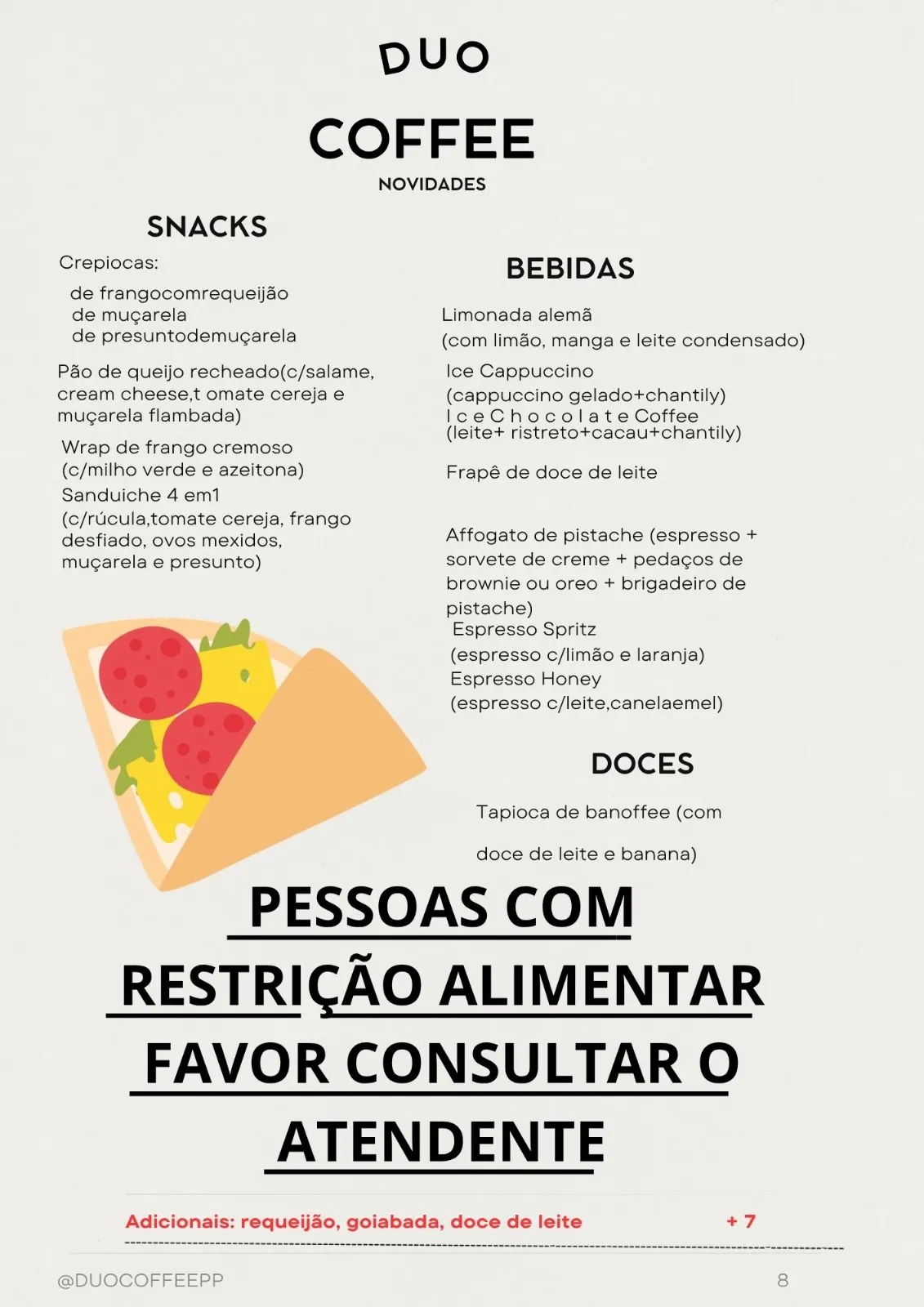 Página do cardápio Duo Coffee: snacks, crepiocas, bebidas geladas e doces