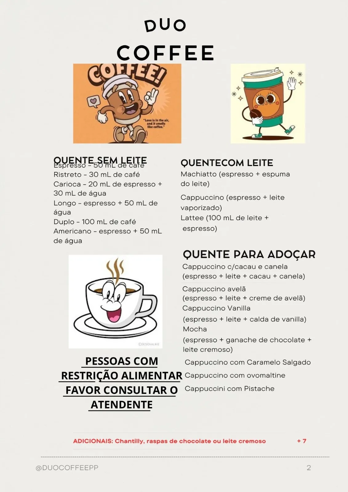 Página do cardápio Duo Coffee: cafés quentes sem leite, com leite e para adoçar