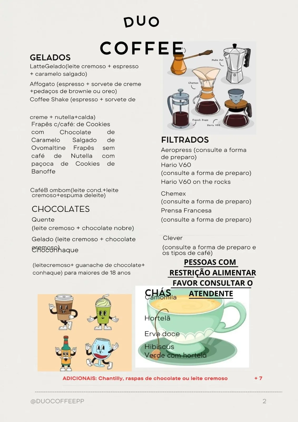 Página do cardápio Duo Coffee: cafés gelados, frapês, chocolates, métodos filtrados e chás